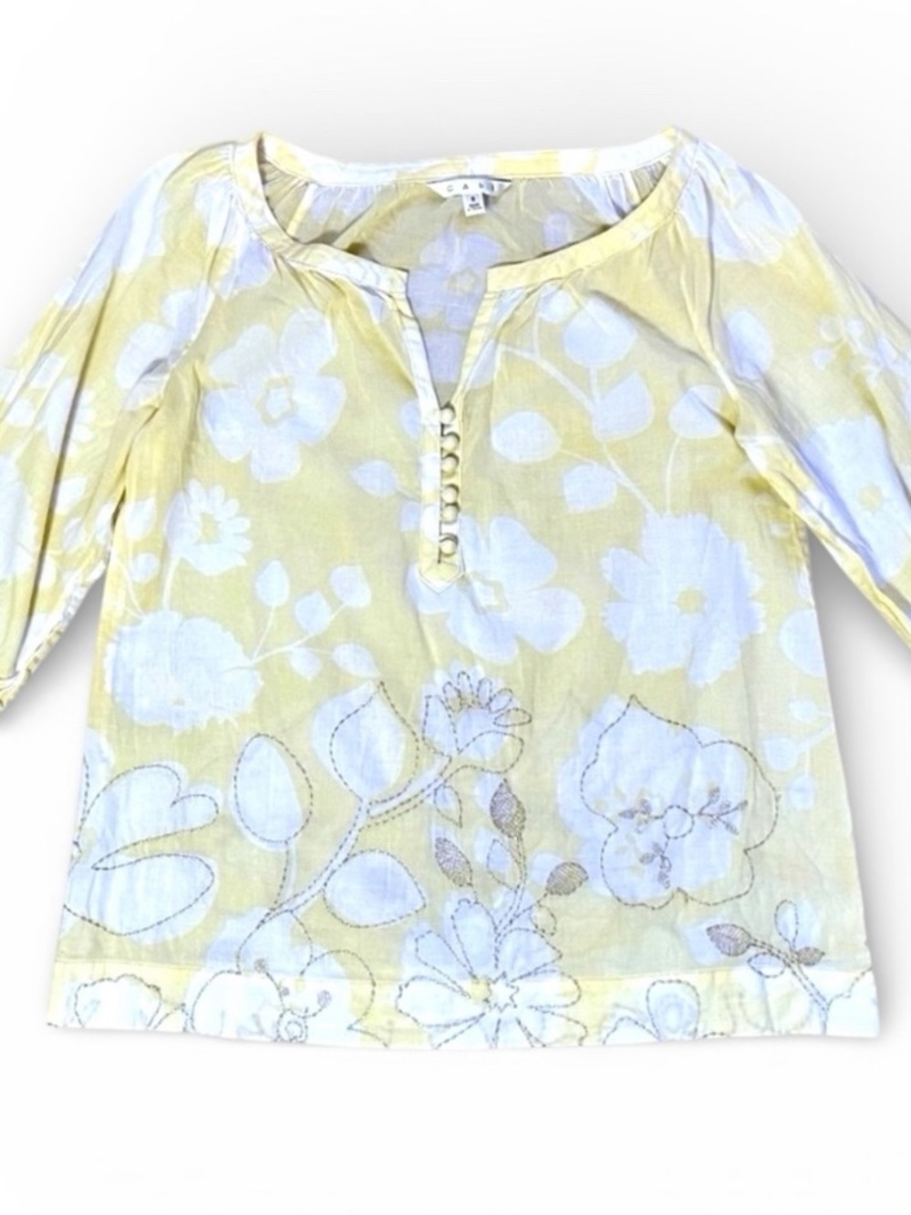 CAbi Yellow Floral Embroidered Cotton Peasant Blouse Top S